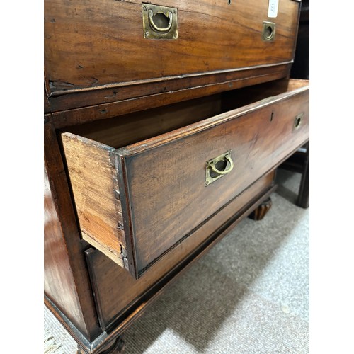 133 - An unusually small 19th century mahogany military chest of 4 long drawers in 2 parts, with recessed ... 