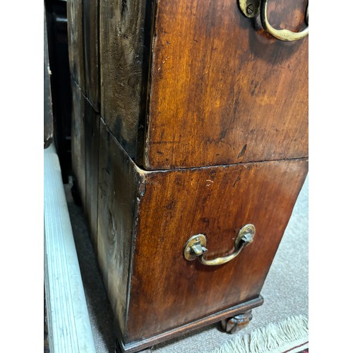 133 - An unusually small 19th century mahogany military chest of 4 long drawers in 2 parts, with recessed ... 