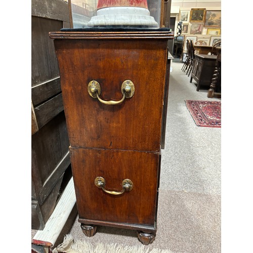 133 - An unusually small 19th century mahogany military chest of 4 long drawers in 2 parts, with recessed ... 