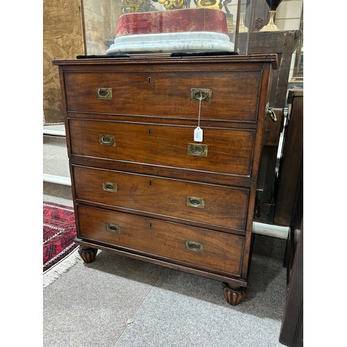 133 - An unusually small 19th century mahogany military chest of 4 long drawers in 2 parts, with recessed ... 