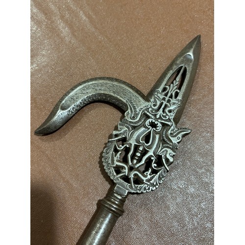 109 - 19th century Indian steel ankus or elephant goad, pierced and engraved blade with bronze finial in t... 