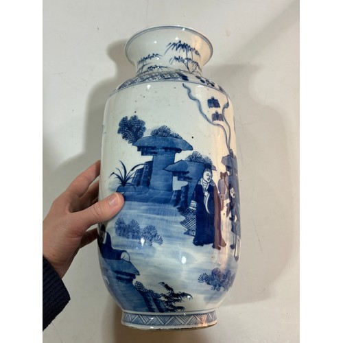 218 - A Chinese 19th century blue and white porcelain vase, hand painted figures in gardens, multiple text... 