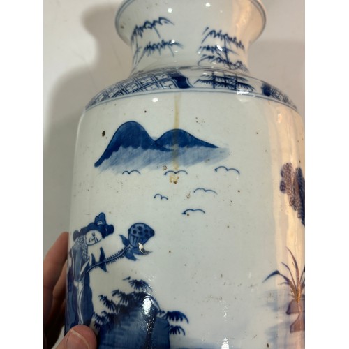 218 - A Chinese 19th century blue and white porcelain vase, hand painted figures in gardens, multiple text... 