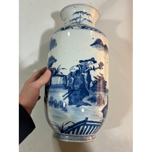 218 - A Chinese 19th century blue and white porcelain vase, hand painted figures in gardens, multiple text... 