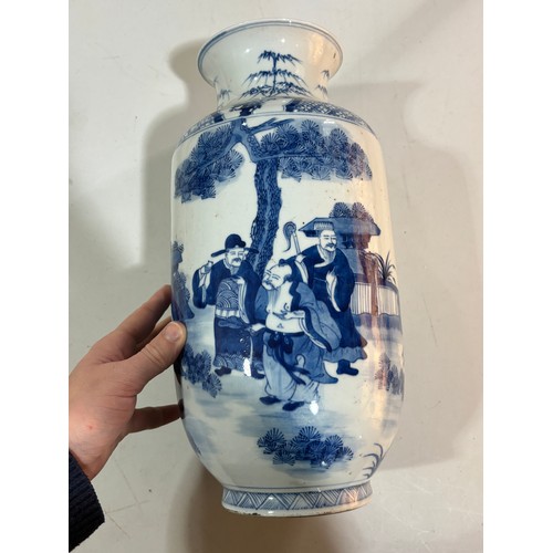 218 - A Chinese 19th century blue and white porcelain vase, hand painted figures in gardens, multiple text... 