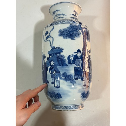 218 - A Chinese 19th century blue and white porcelain vase, hand painted figures in gardens, multiple text... 