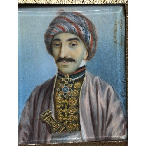 111 - 19th century miniature watercolour portrait on ivory, depicting a Persian man wearing a turban and d... 