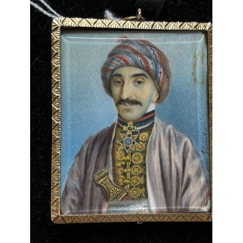 111 - 19th century miniature watercolour portrait on ivory, depicting a Persian man wearing a turban and d... 