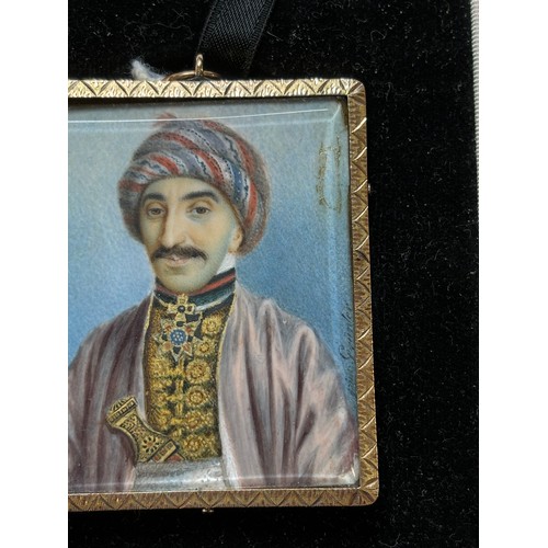 111 - 19th century miniature watercolour portrait on ivory, depicting a Persian man wearing a turban and d... 