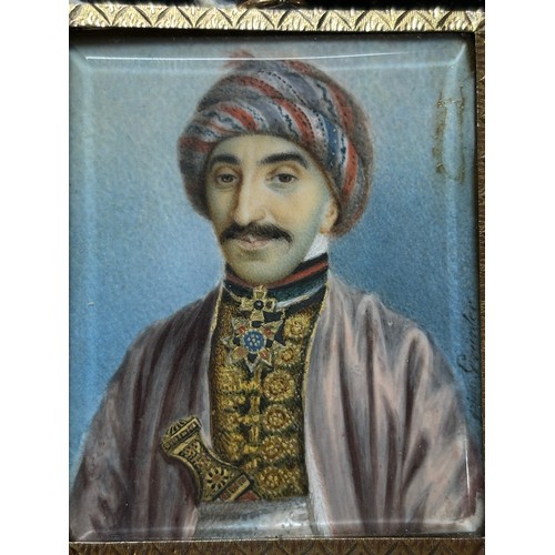 111 - 19th century miniature watercolour portrait on ivory, depicting a Persian man wearing a turban and d... 