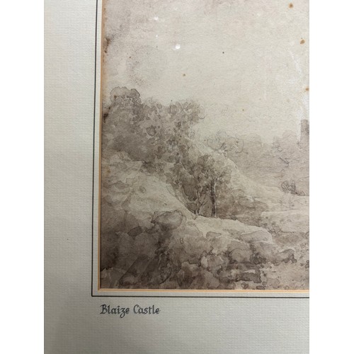 842 - Circle of JMW Turner, Blaize Castle near Bristol, monochrome watercolour, unsigned, several old labe... 