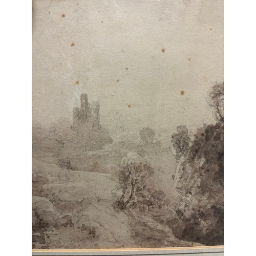 842 - Circle of JMW Turner, Blaize Castle near Bristol, monochrome watercolour, unsigned, several old labe... 