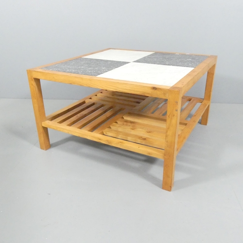 2020 - A Contemporary craftsman made square top coffee table, with inset Italian marble tiles on elm base a... 