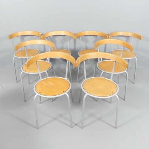 2021 - IKEA - a vintage set of eight Korpo stacking chairs with pierced birch seat in metal frame, designed... 