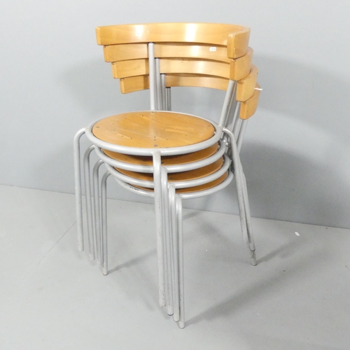 2021 - IKEA - a vintage set of eight Korpo stacking chairs with pierced birch seat in metal frame, designed... 