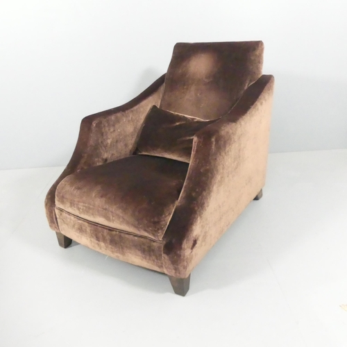 2027 - A Heals lounge chair in the Art Deco manner, with velvet upholstery and maker's label. Overall 74x83... 