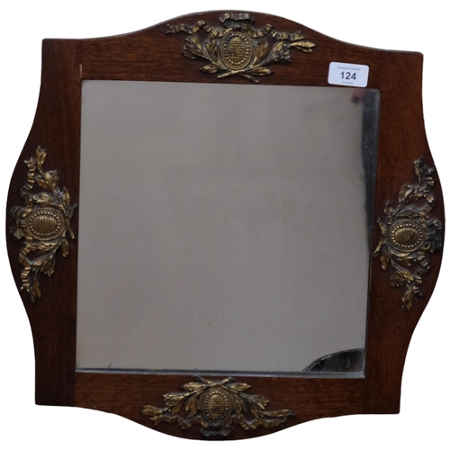 124 - An early 20th century oak-framed wall mirror, with leaf and ribbon ormolu mounts, W44cm