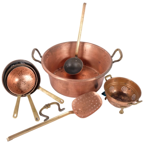 135 - A French copper 2-handled pan, a skillet, a long-handled ladle, a graduated set of sieves etc