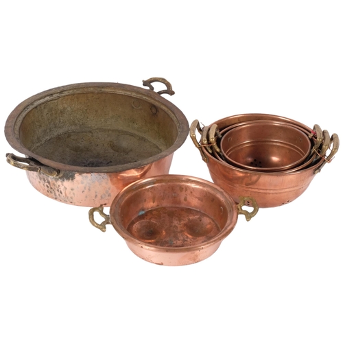 138 - A graduated set of 3 French copper and brass-handled sieves, and 2 other 2-handled pans