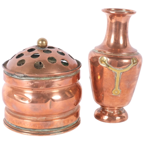 139 - A French Art Nouveau copper and brass-mounted vase, H21cm, and a French brass rose bowl with pierced... 