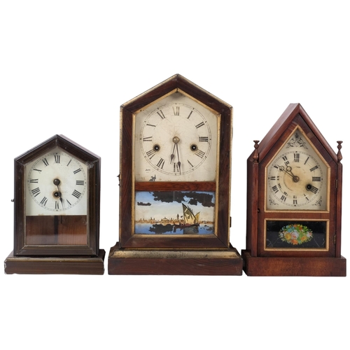 153 - A group of 3 x 20th century lancet-top mantel clocks, tallest 36cm, all having pendulums but no key