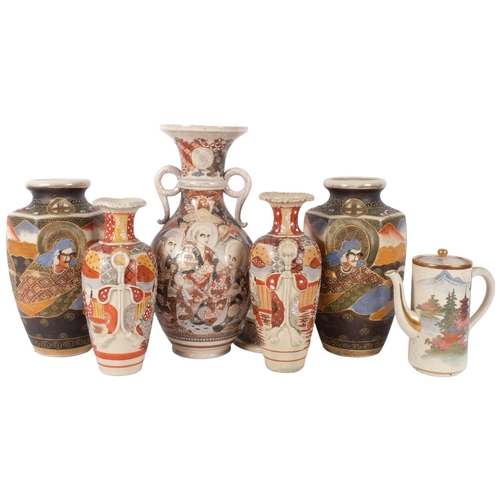 160 - A pair of Japanese Satsuma octagonal vases, H26cm, a Kutani coffee pot, H18cm, a Satsuma 2-handled b... 
