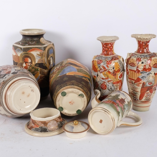 160 - A pair of Japanese Satsuma octagonal vases, H26cm, a Kutani coffee pot, H18cm, a Satsuma 2-handled b... 