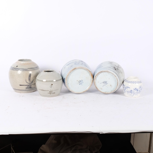163 - A group of 5 provincial Chinese blue and white ginger jars, tallest 17cm