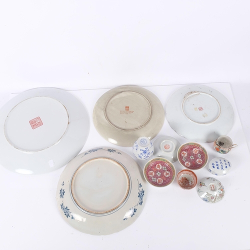 169 - A Chinese famille rose charger, diameter 36cm, an Imari plate, a tea bowl, dishes etc