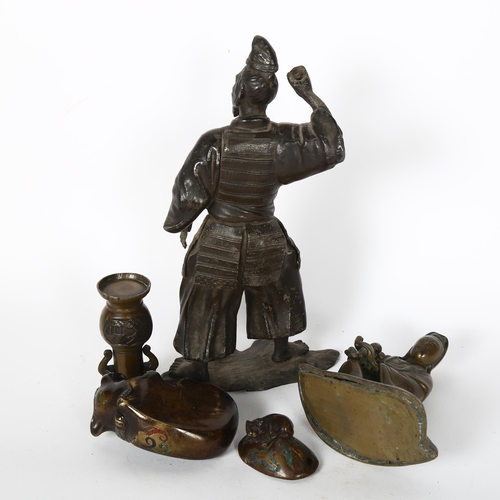 184 - A Chinese bronze temple figure, study of Guyan and moving child, a small bronze 2-handled vase, a br... 