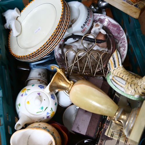 192 - Various ceramics, table lamp, large Oriental fan, water jug, etc (2 boxfuls)