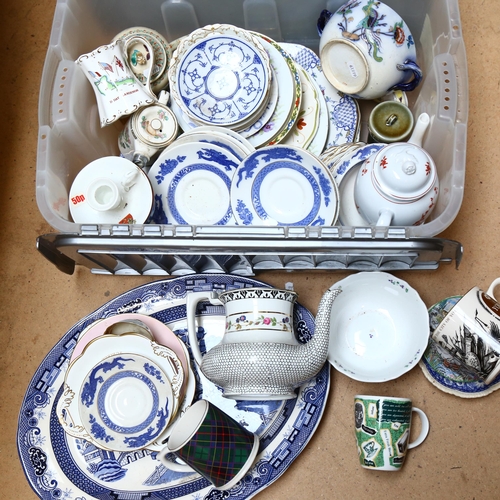 194 - A large Victorian blue and white meat plate, an Adams teapot, various other teaware, plates etc (box... 