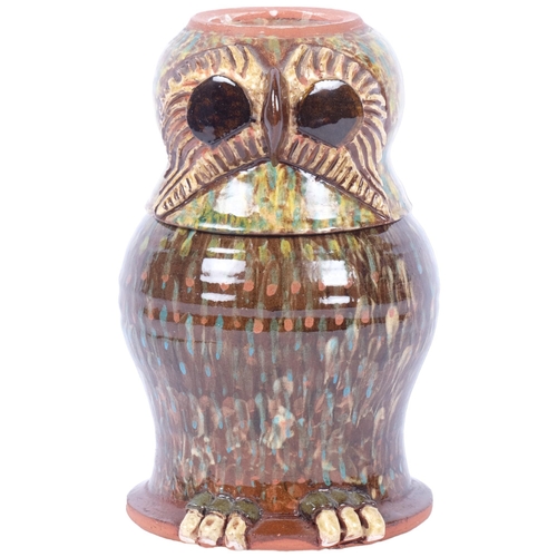 2 - A terracotta glazed flask and cover in the form of an owl, H24cm