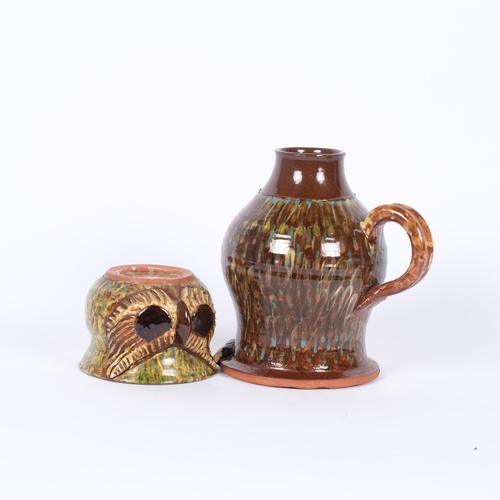 2 - A terracotta glazed flask and cover in the form of an owl, H24cm