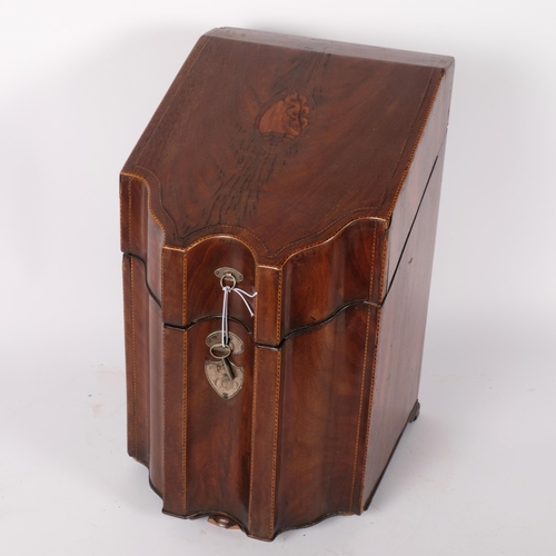 21 - A George III mahogany and satinwood-banded knife box, of shaped form, with later converted interior,... 