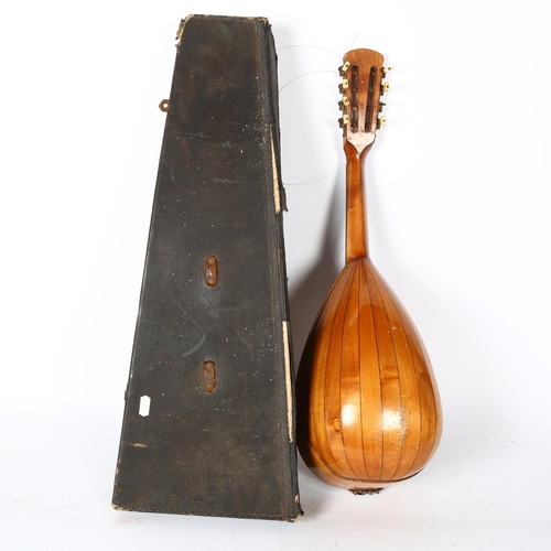 213 - A mandolin in fitted case, with inlaid butterfly decoration and sectioned back