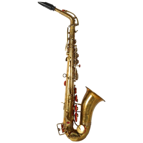 254 - An unmarked brass alto saxophone, in associated carry case, no maker's marks