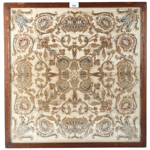 268 - A Victorian silk needlework, with gold thread, floral decoration, framed, 61cm x 60cm