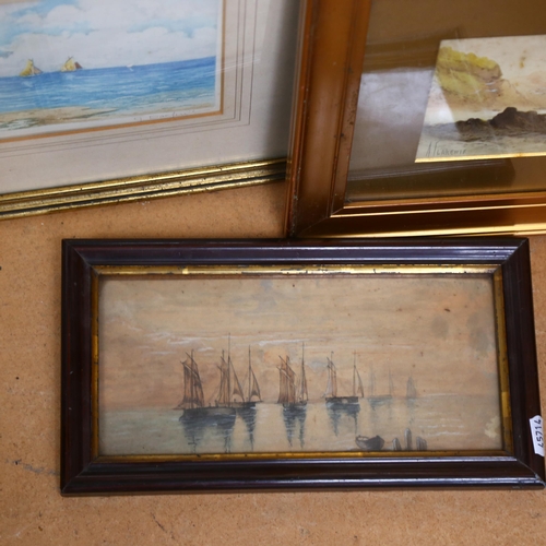 297 - A pencil and gouache drawing depicting a group of possibly fishing vessels off the shoreline, 17cm x... 