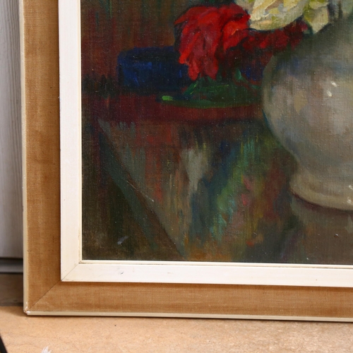 299 - An unsigned oil on canvas, flowers in a vase sitting on a kitchen table, framed, 71cm x 60cm