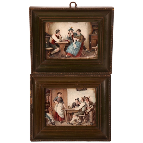 302 - 2 similar miniature enamel transfers, depicting 2 similar tavern scenes, both framed, 13.5cm x 16.5c... 