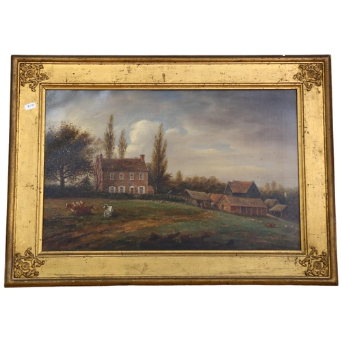 303 - George Allen?, an oil on canvas, farmyard scene, farmhouses and animals in field, framed, unsigned a... 