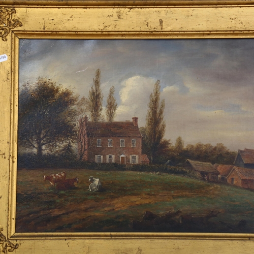 303 - George Allen?, an oil on canvas, farmyard scene, farmhouses and animals in field, framed, unsigned a... 