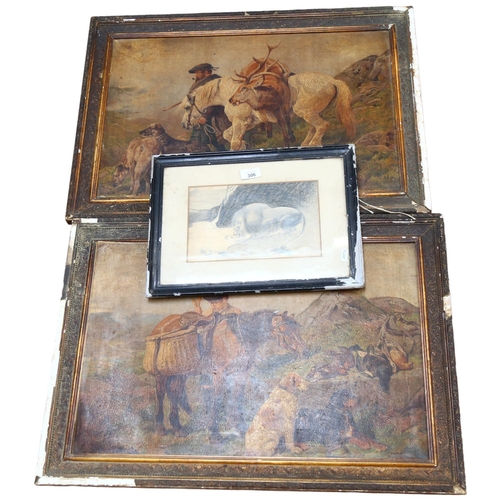 306 - A group of 3 Antique pictures and drawings, including 2 oils on paper, depicting 2 hunting and game ... 