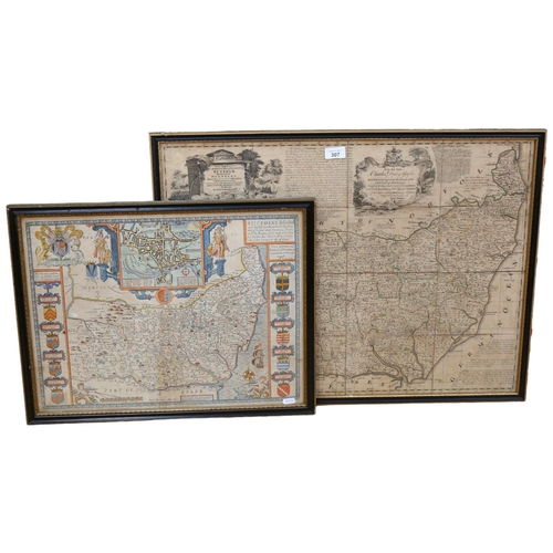 307 - SUFFOLK INTEREST - a framed page of an Antique atlas or map, depicts Suffolk and the relevant counti... 