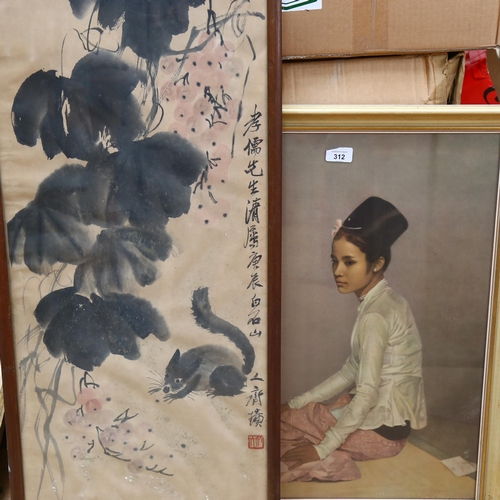 312 - A group of various Oriental prints, including a framed print of a seated lady, 67cm x 55cm (3)