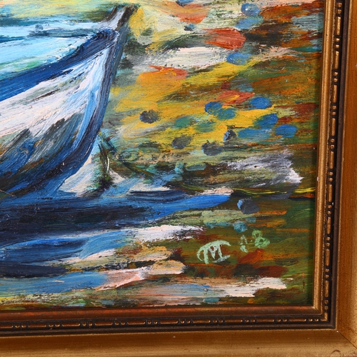 314 - An impressionist acrylic on canvas, boats moored moored on beach and out at sea, appears to be off o... 