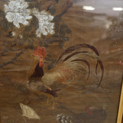 316 - A group of Antique silks and tapestries, including a framed silk depicting a cockerel, hen chicken a... 