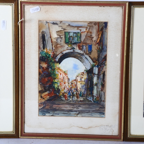 327 - A group of 3 watercolours, Mediterranean coastlines and market scenes, all framed and signed 