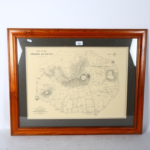 334 - A framed map of the Island of Nevis, the map was most respectfully dedicated to the Honourable Thoma... 